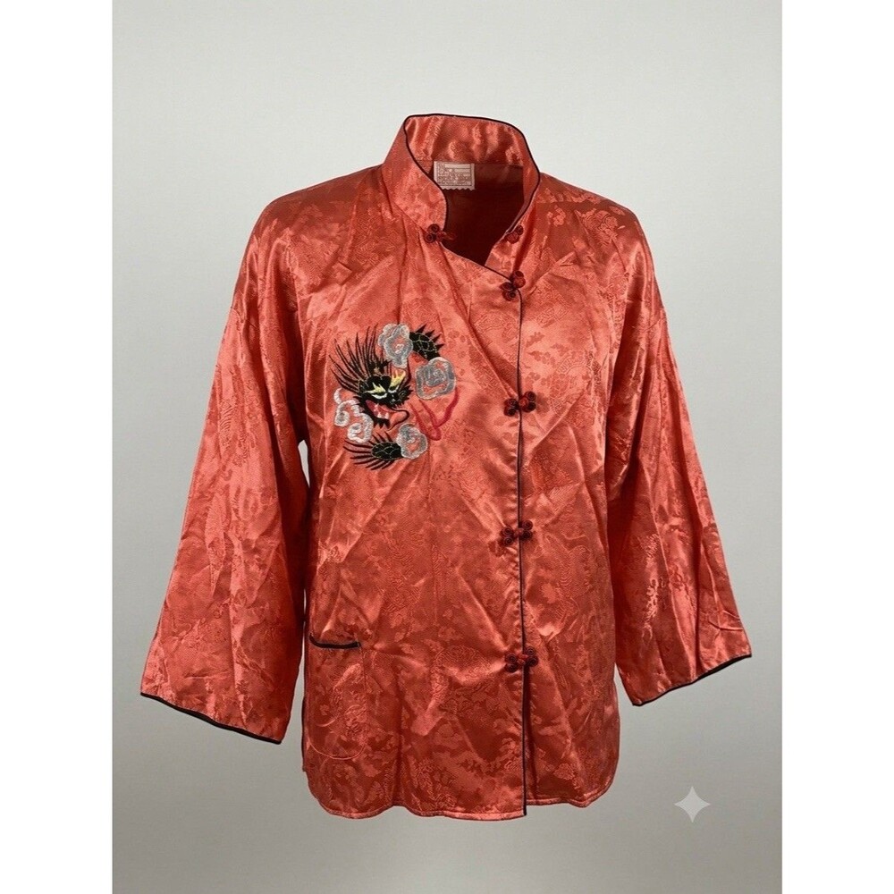 VTG 50s70s Chinese Japan Style Jacket S Red Rayon Dragon Embroidery Frog Closure